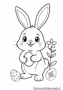 Kolorowanka – króliczek z kwiatkiem w ręku i pisanki z wzorami serduszka i kwiatka