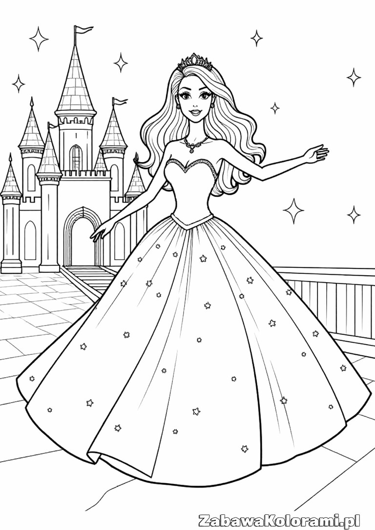 Kolorowanka księżniczka Barbie w eleganckim stroju z wzorem gwiazdek, korona na głowie, zamek z wieżami i basztami, iskry wokół