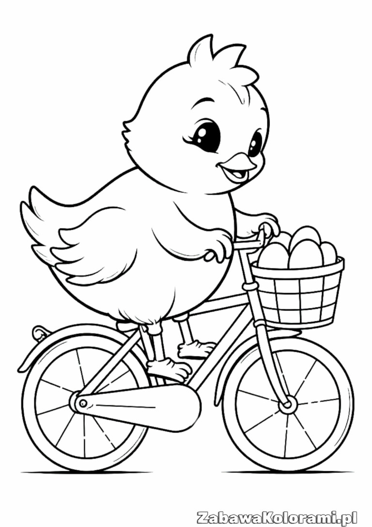 Kolorowanka kurczaczek na rowerze z koszykiem jajek