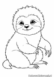 Kolorowanka leniwiec – leniwiec z dużymi oczami i uśmiechniętą twarzą siedzący z przekrzyżowanymi nogami