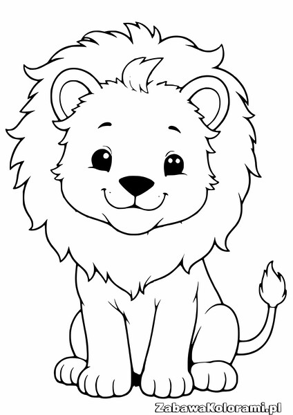 Kolorowanka małego lwa z zamkniętymi oczami i uśmiechniętym pyszczkiem, z puszystą grzywką i ogonem owiniętym dookoła ciała