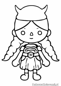 Kolorowanka Lindsey z Toca Boca, postać z aplikacji, długie falowane włosy, rogi na głowie, sukienka z paskiem, okrągła spinka