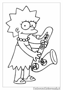Lisa Simpson grająca na saksofonie, ubrana w sukienkę, sandały i naszyjnik