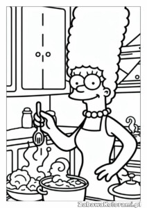 Marge Simpson w kuchni, w fryzurze z dużymi włosami, z koralikami, gotuje na kuchence, patelnie, garnki
