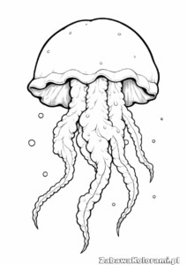 Kolorowanka meduza – galaretowaty mieszkaniec oceanu z długimi, falującymi tentakulami i wzorami na dzwonku