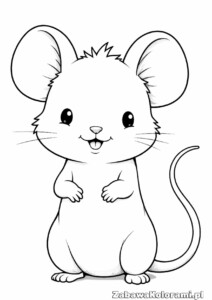 Kolorowanka mysz z dużymi uszami, małymi oczkami, uśmiechniętą twarzą i długim ogonem