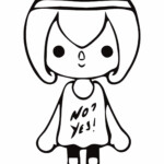 Kolorowanka Nonoko TLW Toca Boca, postać dziewczynki z krótkimi włosami, opaska na głowę, koszulka z napisem NO? YES!