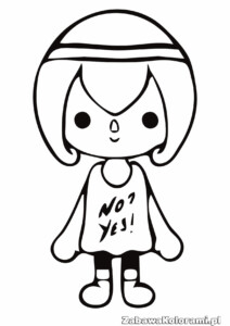 Kolorowanka Nonoko TLW Toca Boca, postać dziewczynki z krótkimi włosami, opaska na głowę, koszulka z napisem NO? YES!