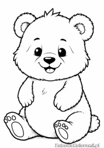 Kolorowanka Panda – przyjazny Panda z zamkniętymi oczami i uśmiechniętym ustem, siedzący z rozstawionymi nogami i rękami na kolanach