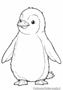 Kolorowanka pingwin – młody ptak w fraku z rozłożonymi skrzydłami i uśmiechem