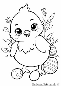 Kolorowanka wielkanocna – pisklaczek z pisankami, liście