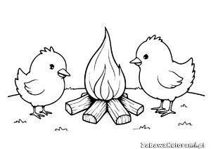 Kolorowanka pisklęta przy ognisku – dwa pisklęta stojące obok ogniska z płomieniami i drewna