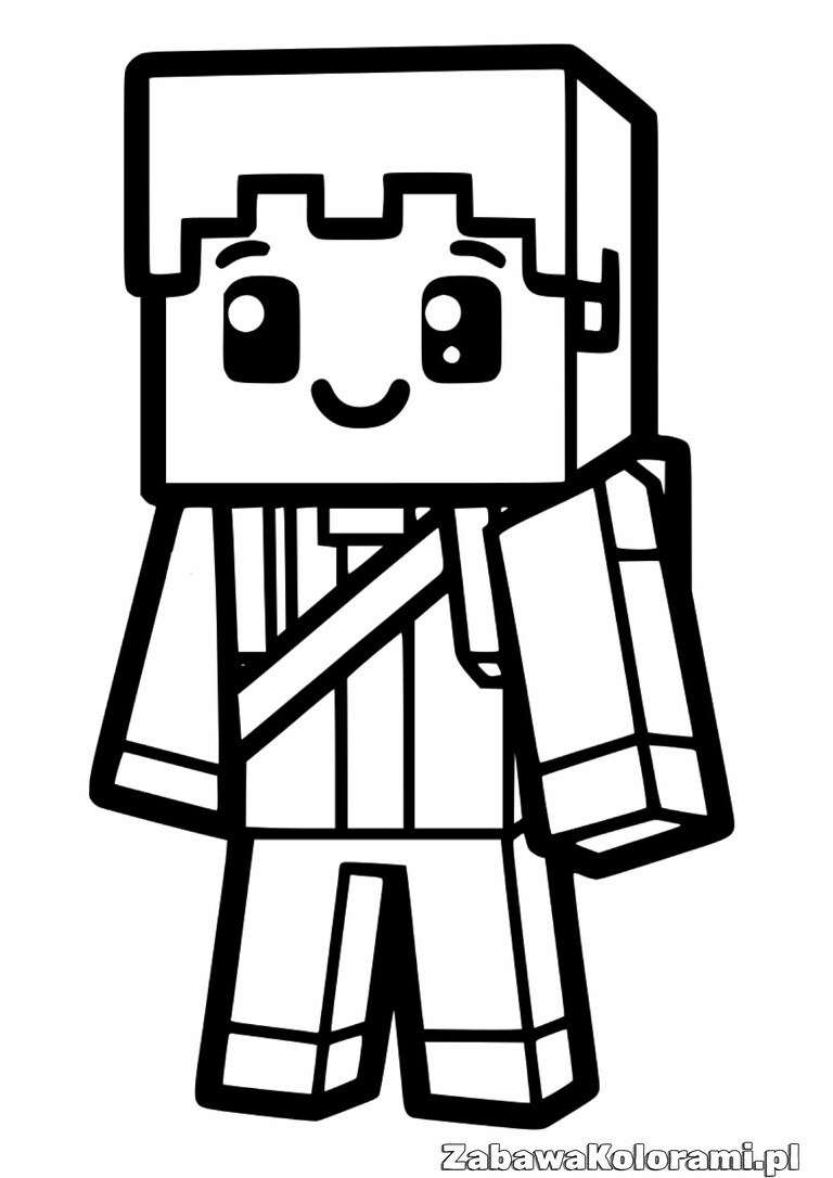 Kolorowanka Minecraft – pikselowy szkic postaci w stylu gry z uśmiechniętą twarzą, koszulą z ukośnymi paskami i krótkimi spodenkami
