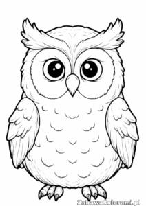 Kolorowanka sowa – ptak z dużymi oczami i szczegółowymi piórami, z dziobem i skrzydłami, stojący na dwóch łapach