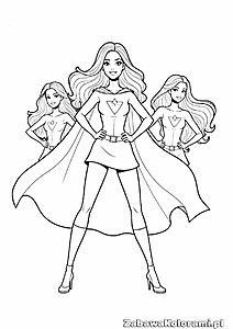 Kolorowanka Super Bohaterki Barbie- trzy kobiety w stroju superbohaterów z długimi włosami i butami na wysokim obcasie