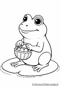 Kolorowanka żabka z pisankami - żabka siedząca na lilii, trzymająca koszyk z jajkami