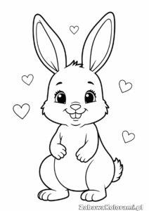 Kolorowanka z króliczkiem z dużymi uszami i wyrazistymi oczami, otoczony serduszkami