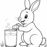 Kolorowanka króliczek trzymający ciasteczko i szklankę mleka, drugie ciasteczko na ziemi, trawa w tle