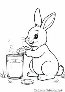 Kolorowanka króliczek trzymający ciasteczko i szklankę mleka, drugie ciasteczko na ziemi, trawa w tle