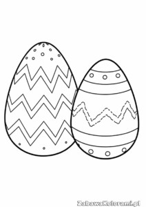 Kolorowanka z dwoma wielkanocnymi jajkami o wzorach zygzakowych i poziomych paskach z falistą linią