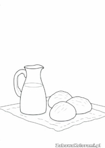 Kolorowanka piknik – dzbanek i trzy okrągłe przedmioty na tkaninie z teksturą