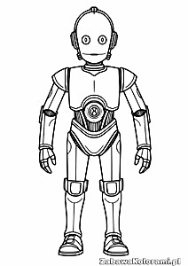 Kolorowanka C-3PO - robot z cylindryczną głową, dużymi okrągłymi oczami, małym ustem, torsem z centralnym emblematem, wyciągniętymi ramionami z widocznymi stawami i detalami mechanicznymi, lekko zgiętymi nogami i płaskimi stopami