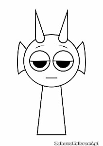 Durple Kolorowanka z postacią o okrągłej głowie, dużych oczach, małym uśmiechu, dwóch spiczastych uszach i dwóch mniejszych wypukłości po bokach głowy. Postać ma prostokątne ciało i stoi prosto.