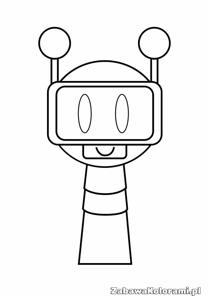 Kolorowanka Fun Bot przedstawiająca robot z okrągłą głową, antenami, owalnymi oczami i uśmiechem. Cylindryczne ciało z rozszerzonym środkiem.