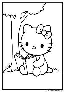 Hello Kitty czyta książkę pod drzewem, ma kokardkę na głowie i białą sukienkę