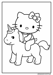 Hello Kitty z kokardką na głowie siedzi na jednorożcu z rogiem w kształcie spirali