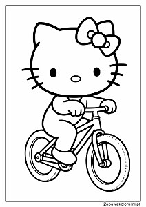 Hello Kitty na rowerze z dużymi oczami, wąsikami i kokardką na głowie. Rower z dwoma kołami, siodełkiem i kierownicą.