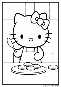 Hello kitty piecze ciasteczka kolorowanka. Hello kitty trzyma łyżkę, na blacie talerz z ciasteczkami, na tle kafelkowana ściana