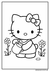 Hello Kitty z dużą kokardą na głowie, trzyma dzbanek i podlewaj kwiaty. Po obu stronach kwiaty z liśćmi i łodygami