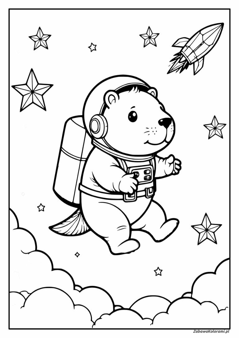 Kapibara w kosmosie kolorowanka. Kapibara w kombinezonie astronauty z hełmem i plecakiem, gwiazdy, chmury i rakieta w tle. Niedźwiedź trzyma w ręce mały przyrząd