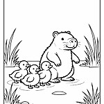 Kapibara w pozycji stojącej z kaczuszkami, trawa i woda w tle