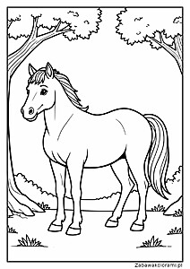 Koń w lesie, drzewa, trawa