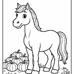 Kolorowanka z koniem i dyniami, liśćmi i małymi roślinami