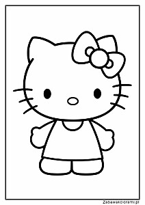 Łatwa Kolorowanka Hello Kitty z dużymi oczami, wąsikami i kokardką na głowie. Hello Kitty w prostym stroju z sukienką i krótkimi rękawami.