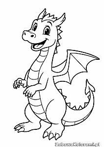 Kolorowanka przedstawiająca uśmiechniętego smoka o dużych oczach, małym pyszczku i spiczastych włosach. Smok ma skrzydła, łapki i pazury