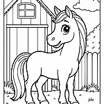 Kolorowanka z koniem przed domkiem z dachem trójkątnym i małym okienkiem. Na obrazku są też trawy i chmurki.