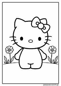 Kolorowanka przedstawia Hello Kitty z dużymi oczami, wąsikami i kokardką na głowie. Po obu stronach Hello Kitty znajdują się kwiaty. Tło jest płaskie, a rysunek otoczony jest cienką ramką.