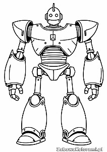 Kolorowanka przedstawiająca Stalowego Giganta z charakterystycznymi detalami ciała, głowy i kończyn