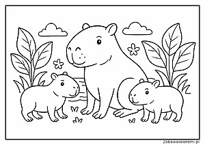 Kolorowanka Rodzina kapibar wśród liści i kwiatów, tło z chmurami