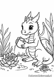 Kolorowanka słodkiego smoka z dużymi wyrazistymi oczami, przyjaznym wyrazem twarzy, trzymającego w rękach małą muszlę, otoczonego wodnymi roślinami, takimi jak lilii wodne