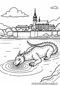 Kolorowanka Smoka Wawelskiego w zamku. Legendarne stworzenie w konturach. Zamek z wieżami i basztami otoczony murami. W tle rzeka i drzewa.