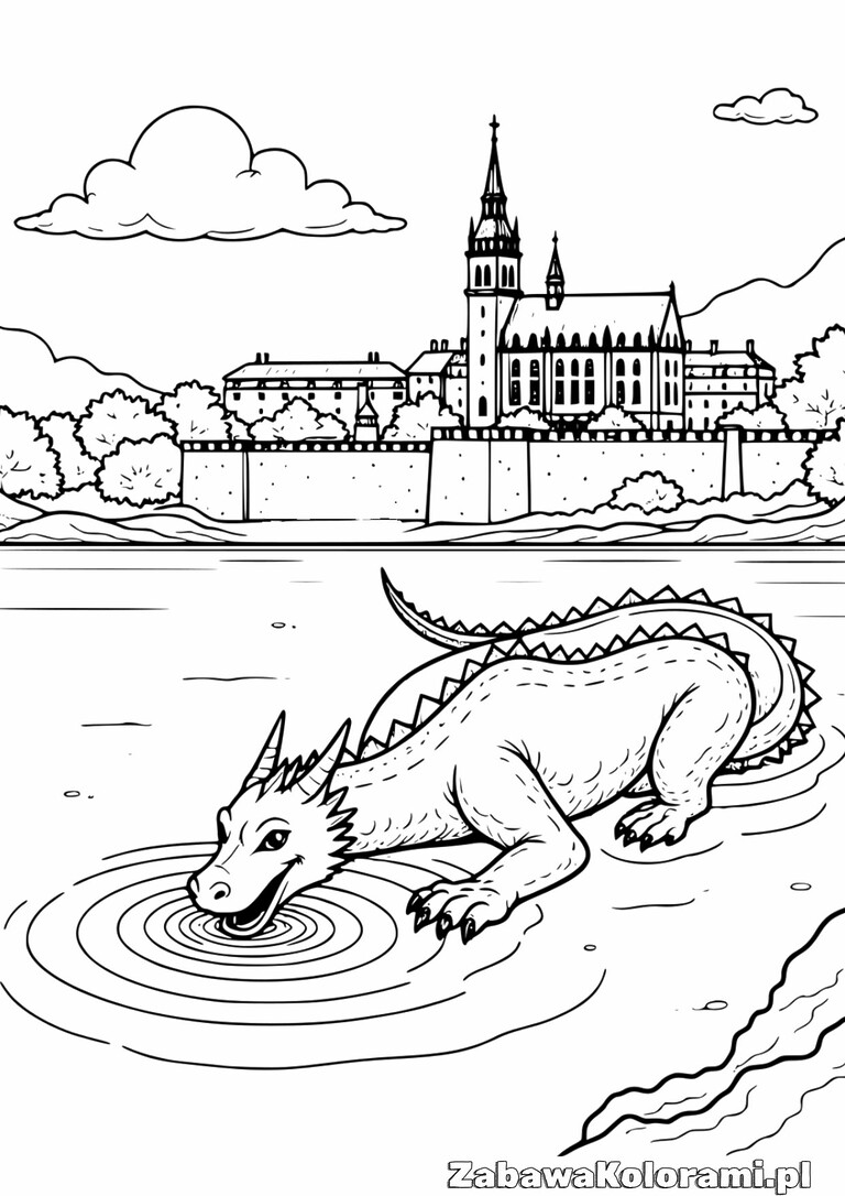 Kolorowanka Smoka Wawelskiego w zamku. Legendarne stworzenie w konturach. Zamek z wieżami i basztami otoczony murami. W tle rzeka i drzewa.