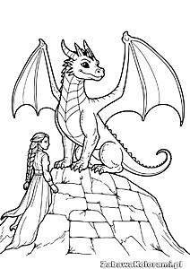 Smok z gra o tron kolorowanka. Smok z rozłożonymi skrzydłami stoi na skałach. Obok niego dziewczynka z długimi warkoczami patrzy na niego