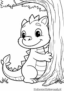 Smok z uśmiechem, duże oczy, krzyżujące ręce, drzewo z gałęziami, trawa na ziemi