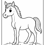 Kolorowanka przedstawiająca konia stojącego na łące. Koń ma szczegółowo narysowaną grzywę i ogon, wygląda spokojnie i zrelaksowany.