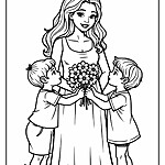 Kolorowanka Dzień Mamy z matką trzymającą bukiet kwiatów, otoczoną dwoma dziećmi